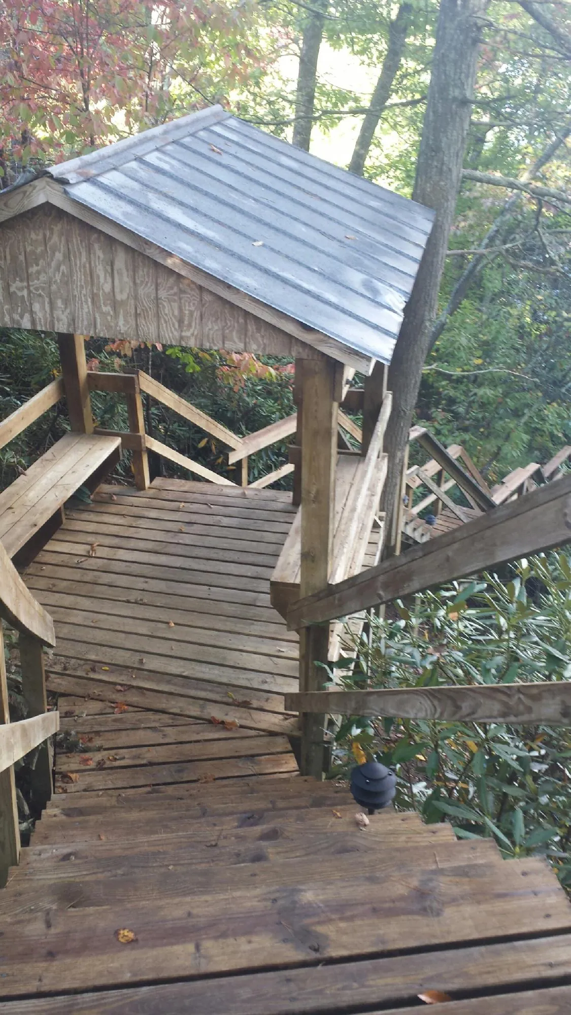 Metal roofed shelter over wooden steps on a wooded walkway — Skylight Repair & Installation work by our crew in Toney